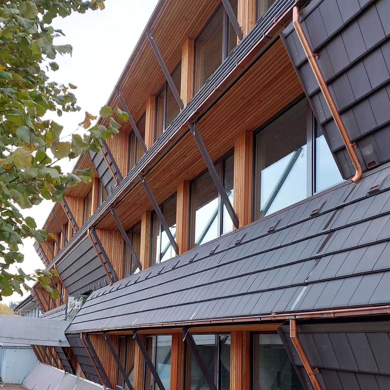 Fassade aus Holz mit Kupferverkleidung und Kupferrinne